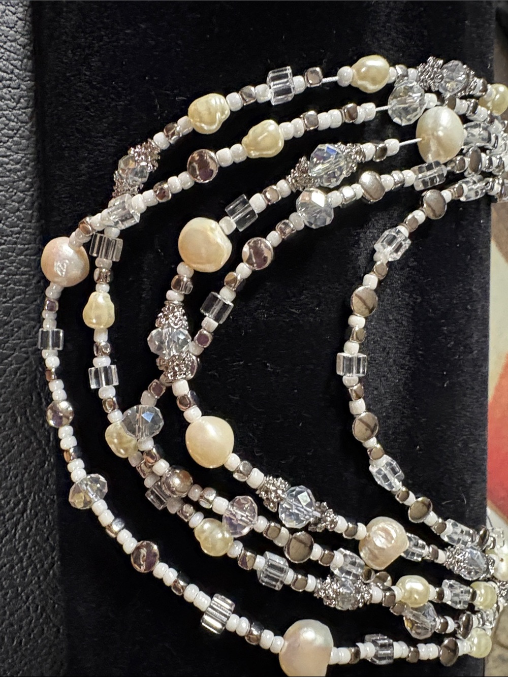 Multi-Strand Pearl & Crystal Wrap Silver and Cream